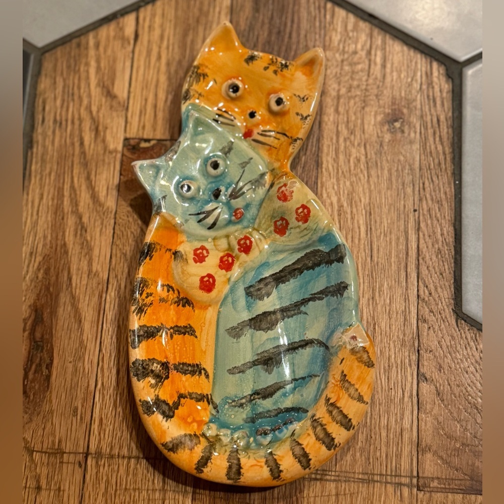 Vintage Pair of Cats Ceramic Wall Art Spoon Rest Trinket Tray Hand painted Italy